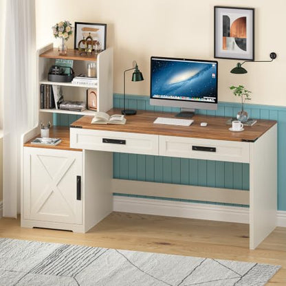 60" Computer Desk with Drawers & Bookshelves for Bedroom, Home Office, view 2