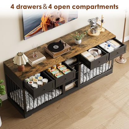 82" Large Dog Crate for 2 Dogs, Dog Kennel Indoor with 4 Drawers and Shelves, Double Dog Crate Furniture TV Stand, Wooden Dog Cage for Medium Large Dogs, Black