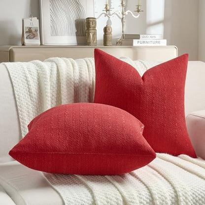 Pack of 2 Solid Chenille Throw Pillow Covers 16x16 Inch Soft Farmhouse Decorative Accent Cushion Cases Modern Home Decor for Couch Living Room, Red