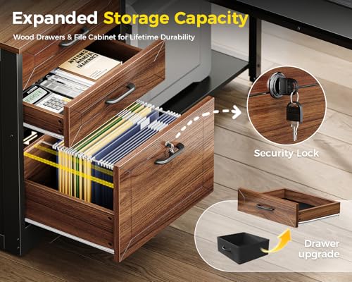 61" L Shaped Office Desk with Wood Drawers & Lockable File Cabinet, Reversible 21.7" D Corner Computer Desk with Built-in Power Outlets, Executive Desk for Home Office, Walnut