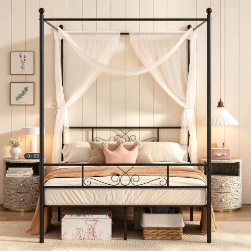 Full Metal Canopy Platform Bed Frame with Headboard, Black, view 4