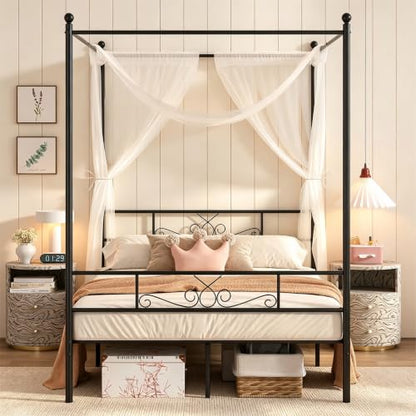 Full Metal Canopy Platform Bed Frame with Headboard, Black, view 4