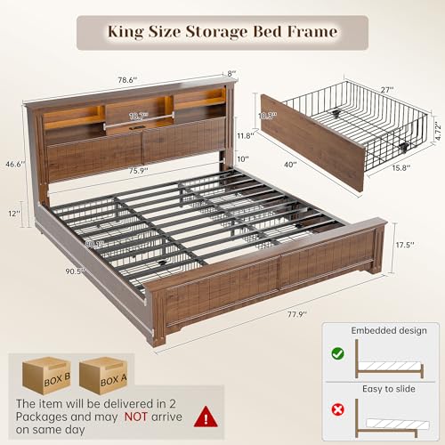 King Size Bed Frame and Headboard & Storage,4 Drawers,Brown, view 3