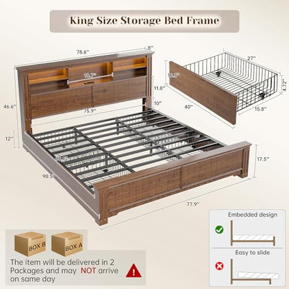 King Size Bed Frame and Headboard & Storage,4 Drawers,Brown, view 3
