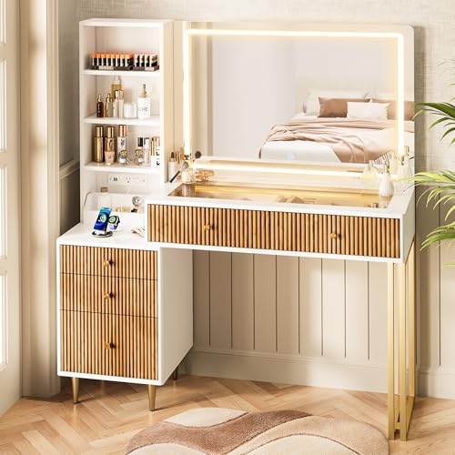 Fluted Vanity Desk with 32'' HD Mirror and Lights, view 2