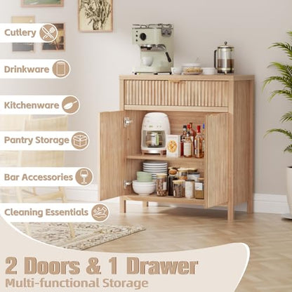 Wooden Sideboard Buffet Cabinet with Drawer and 2 Doors, Modern Fluted Storage Cabinet for Dining Room, Kitchen, Living Room, Entryway – Oak Finish