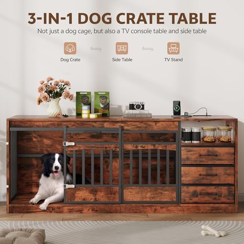 68.9" Double Dog Crate Furniture, Dog Crate for 2 Dogs Brown, view 3