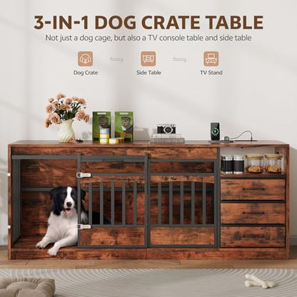 68.9" Double Dog Crate Furniture, Dog Crate for 2 Dogs Brown, view 3