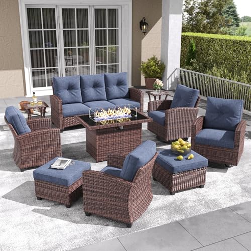10 Pieces Patio Furniture Set with Swivel Chairs, Rattan Wicker Rocking Glide Chairs with 44" Propane Gas Fire Pit Table Conversation Set