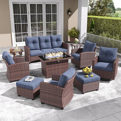 10 Pieces Patio Furniture Set with Swivel Chairs, Rattan Wicker Rocking Glide Chairs with 44" Propane Gas Fire Pit Table Conversation Set