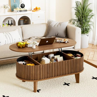 Oval Lift Top Coffee Table with Storage, 41" Wood Fluted Modern Living Room Center Table for Home Office, Walnut