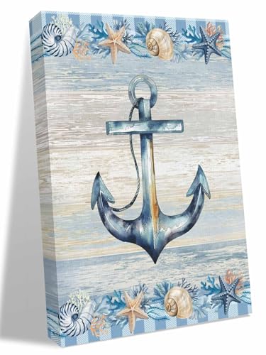 NuYeBiofx Nautical Anchor Starfish Shell Conch Canvas Wall Art Prints,48"x32" Framed Picture Artwork Ocean Blue Checkered Printed Canvas Oil Painting for Living Room Bedroom Office,Ready to Hang