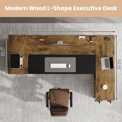 78" Executive Desk with Lockable File Cabinet, L Shaped Office Desk with Power Outlets, Large Executive Desk with Drawers and Storage Shelves, Reversible Computer Desk, Rustic Brown