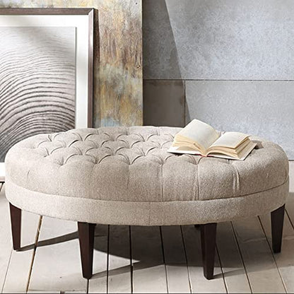 Martin Oval Surfboard Tufted Cocktail Ottoman Soft Fabric, All Foam, Wood Frame Modern Coffee Table Living Room Lounge Furniture, Linen, 48"W x 27.5"D x 18"H