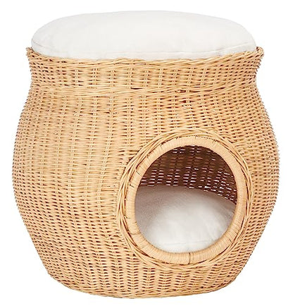 SAFAVIEH Home Collection Suli Honey Rattan/White Cushion Dome Cat Bed