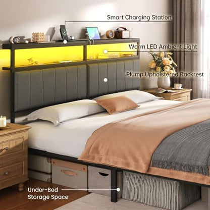 King Bed Frame with Storage Drawers and Charging Station, Grey, view 7