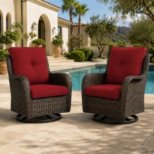 2 Piece Wicker Patio Swivel Rocker Chairs, Brown/Red, view 2