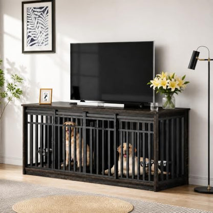 71" Heavy Duty Dog Crate Furniture for 2 Medium Dogs with Dog Bowls, view 2