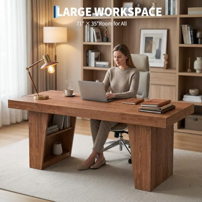 70-Inch Executive Desk, Office Desk with Drawer and Storage Shelves, view 7