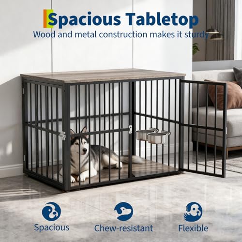 43'' Heavy Duty Dog Crate Furniture with 2 Doors and Adjustable Bowls, view 6