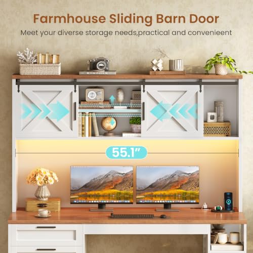 55.1" Farmhouse Desk with Hutch & 3 Storage Drawers, view 8