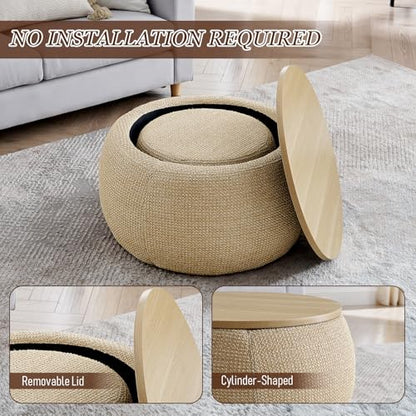 TTK Round Ottoman with Storage Set of 2, 25" Large Upholstered Storage Ottoman Set Coffee Table with Removable Wood Tray, Modern Circle Foot Stool Padded Bench Ottomans for Living Room (Natural)