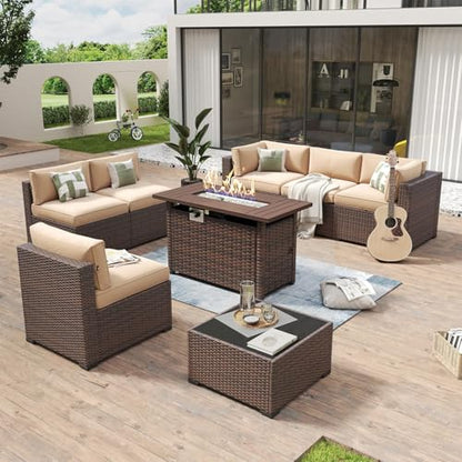 8 Piece Patio Furniture Set with 44” Fire Pit Table Wicker Rattan Outdoor Sectional Sofa Set with Coffee Table and Thickened Cushions, Beige