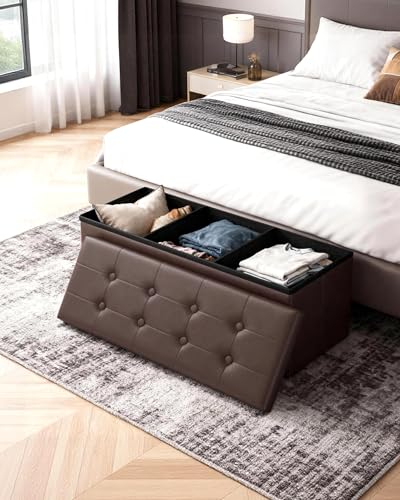 43" Storage Ottoman Bench, Folding Faux Leather Chest, Brown | Stroage Box with 2 Dividers, Foot Rest Stool, Padded Seat for Bedroom, Entryway, Living Room