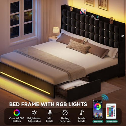 King Size Bed Frame, 4 Drawers and RGB LED Light,Charging Station, view 5