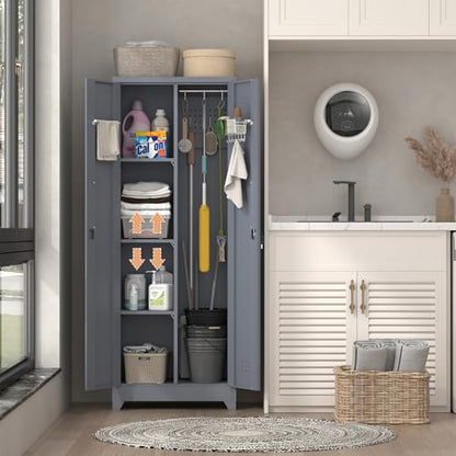 65" H Metal Garage Storage Cabinet,Broom Closet Storage Cabinet with Adjust Shelves,Utility Cabinet,Utility Closet for Garage,Gray