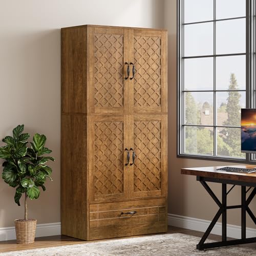 Tribesigns 70 Inches Bookshelf and Bookcase with Door, Wooden Farmhosue Tall Storage Cabinet with Drawer, Retro Enclosed Library Book Shelves for Home Office, Living Room (Rustic)