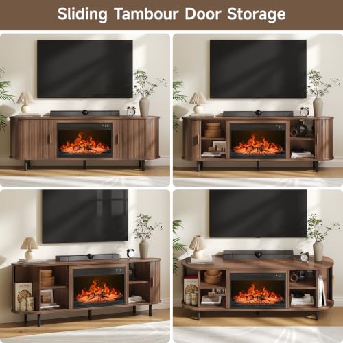 63" Fluted Fireplace TV Stand with 23" Electric Fireplace, Walnut, view 6