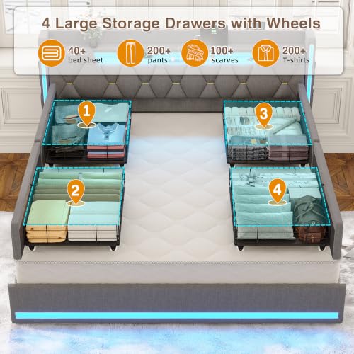 King Size Bed Frame with 4 Drawers, Headboard and Storage, Gray, view 5
