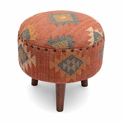 Handmade Kilim Jute Pouf Ottoman Stool | Round Upholstered Seating with Acacia Wood Legs | Decorative Foot Rest for Living Room, Bedroom, Reading Room & Lounge (Red)