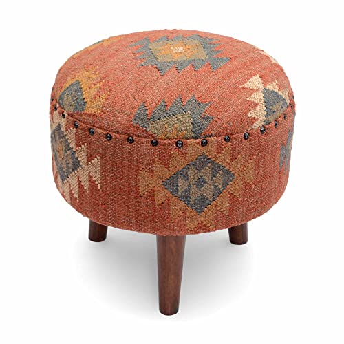 Handmade Kilim Jute Pouf Ottoman Stool | Round Upholstered Seating with Acacia Wood Legs | Decorative Foot Rest for Living Room, Bedroom, Reading Room & Lounge (Red)