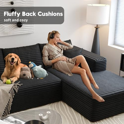 107.5" Cloud Sectional Couch with L-Shape Chaise,Modern Modular Sofa with Deep Seat, Upholstered Couches for Living Room Bedroom Apartments,No Assembly Required, (Black,Right Facing Chaise)