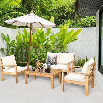 4 Piece Patio Furniture Set Outdoor Conversation Set Wood Sofa Table Set with Cushions, Acacia Wood Chairs & Coffee Table Set for Garden Backyard Poolside