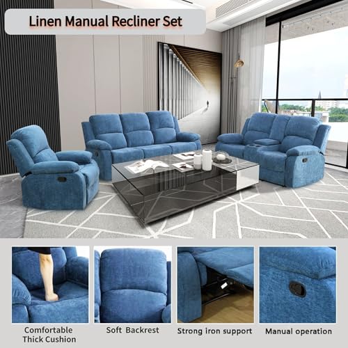 Modern Recliner Sofa Couch Set, 80" Wide, Blue, Vegan Leather/Fabric, 6-Seater, Sectional, Reclining, Easy Assembly