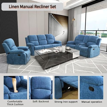 Modern Recliner Sofa Couch Set, 80" Wide, Blue, Vegan Leather/Fabric, 6-Seater, Sectional, Reclining, Easy Assembly