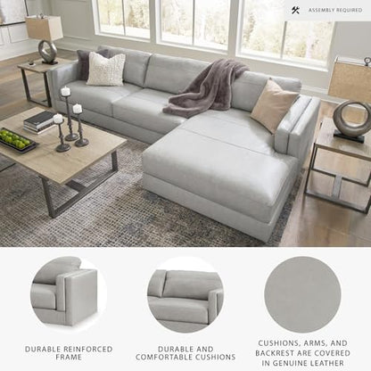 Signature Design by Ashley Amiata 2-Piece Sectional Sofa with Chaise, Modern Anti-Sag Foundation, Leather and Faux Leather Upholstery, Contemporary Living Rooms, Glacier Gray, 137"W