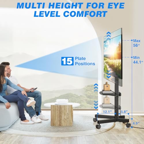 Mobile TV Cart Rolling TV Stand with Power Outlet for 32-75 Inch Screens, Portable TV Stand on Wheels with Height Adjustment, Outdoor TV Mount Stand with Shelf Holds up to 88lbs for Home Office