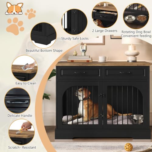 43.3" Farmhouse Dog Crate Furniture with Rotating Bowls & Drawers – Wooden, view 7