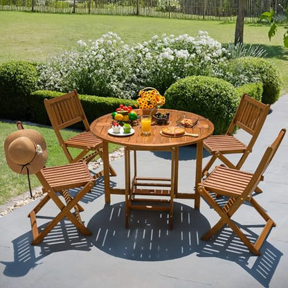 5 PCS Patio Furniture, Patio Dining Set Acacia Wood Outdoor Table and Chairs, with 4 Folding Chairs and 37" Round Movable Table, Outdoor Dining Set for Lawn, Balcony, Garden (Light Brown)