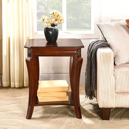 Set of 2 Solid Wood End Table for Living Room, 2-Tier Square Cherry Wood Nightstand, Mid Century Queen Anne Style Antique Side Table, 19.7" D x 19.7" W x 23.8" H, Cherry Walnut CJZ-A1168-WD