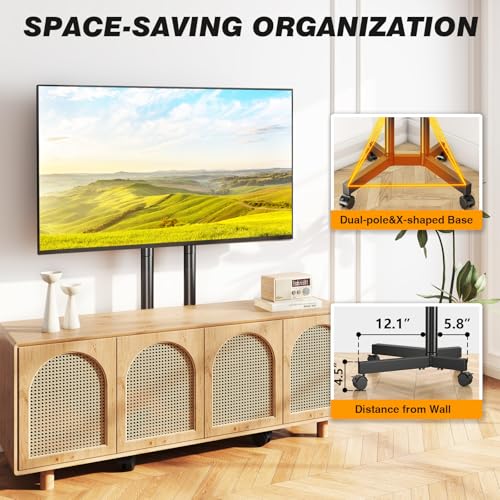 Dual-Pole Rolling TV Stand for 32-75 inch LCD LED Flat & Curved TVs, Height Adjustable Portable TV Stand with Lockable Wheels, Mobile TV Cart up to 88lbs for Bedroom, Living Room, Outdoor