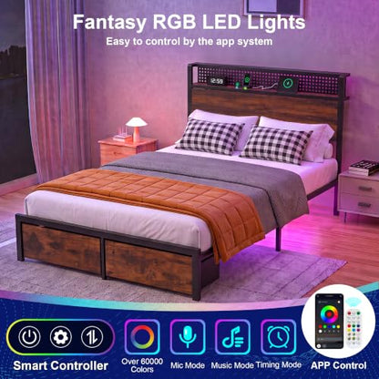 Queen Bed Frame with 2 Drawers, Platform Bed with LED Lights & Charging Station, view 5