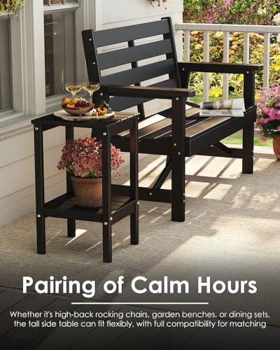 Tall-Outdoor-Side-Table | 23.5" | HDPE Plastic | Patio Adirondack End Tables | All Weather | 2-Tier | Black | for Porch Garden Indoor & Rocking Chairs