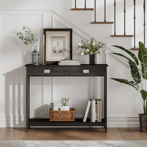 39" Black Entryway Table with Drawer, Narrow Console Table with Storage Shelf, Sofa Table for Living Room, Entryway, and Hallway