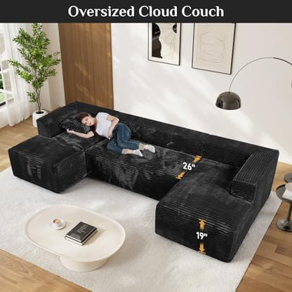 131" Oversized Cloud Boneless Sofa for Living Room, Modern Sectional U Shaped Plush Corduroy Couch, Comfy Deep Seat Boneless Sofas with 8 Pillows Double Chaise Lounge Sectional Couch,Black