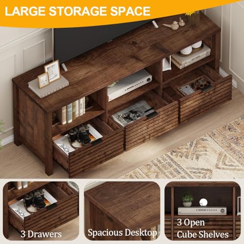 TV Stand, Mid Century Modern Media Console for 65/55/50 Inch TVs, Wood Fluted Entertainment Center with Storage for Living Room, Bedroom (Rustic Oak)